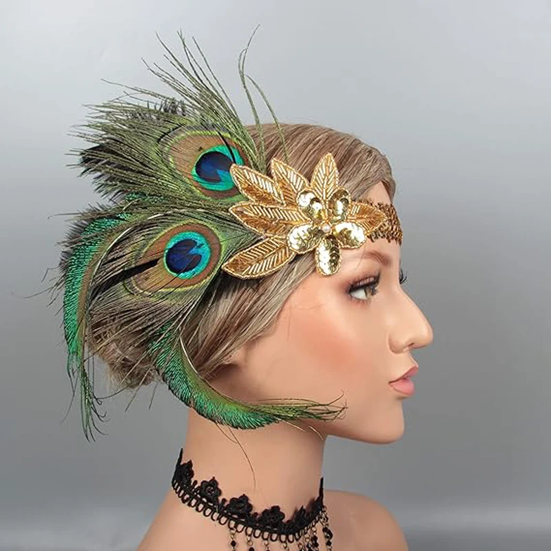 1920s flapper bandana para mulher pena preta gatsby headpiece para traje elástico 20s pena headbands menina