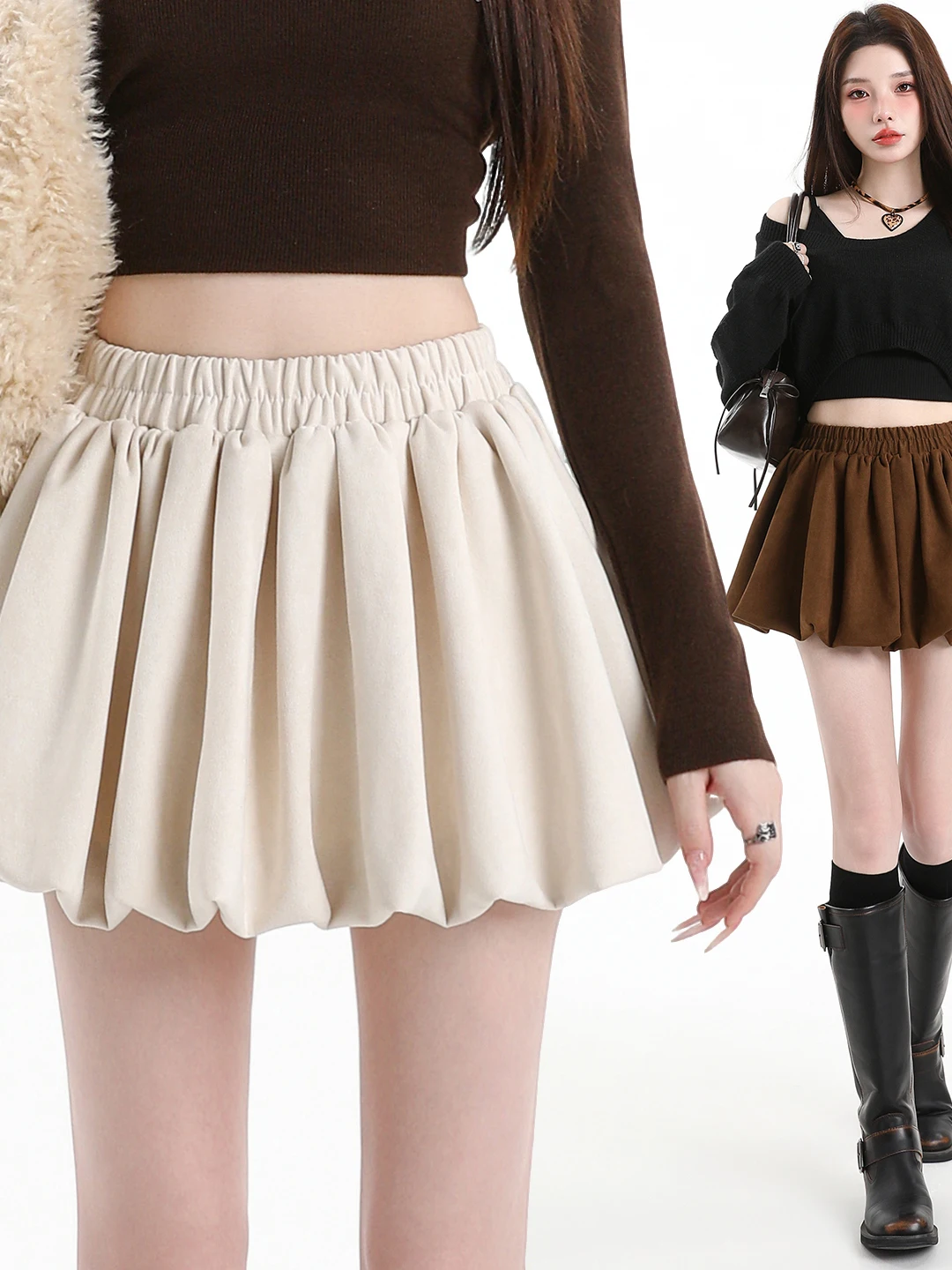 Korean Style Women's Puffy Short Skirt Spring Autumn Winter New Style Bloom Anti-Light High Waist Elastic Waist Design