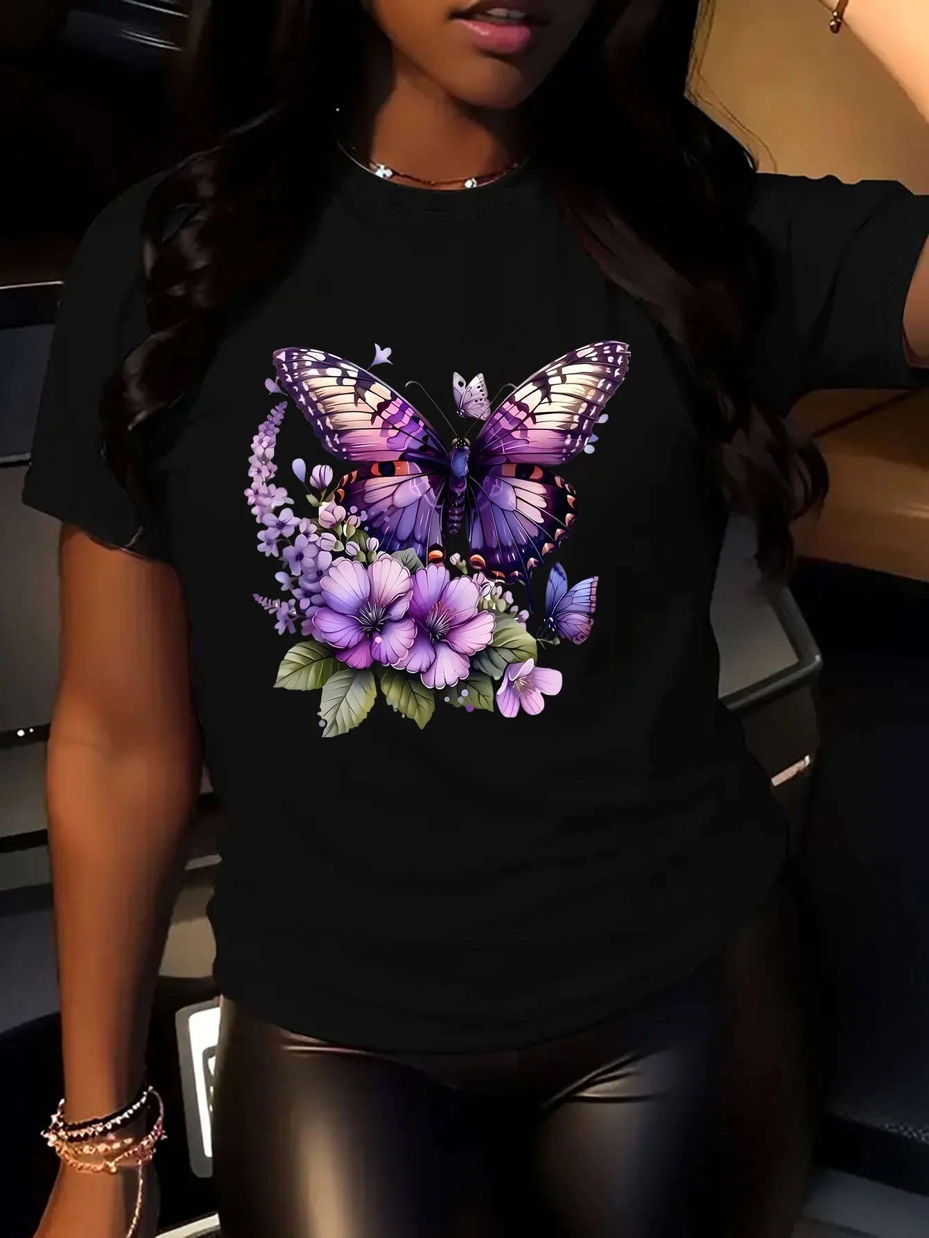 

1 шт., с принтом бабочек и цветов, круглый вырез, короткие рукава, легкая трикотажная ткань, слегка эластичная, повседневный летний топ.