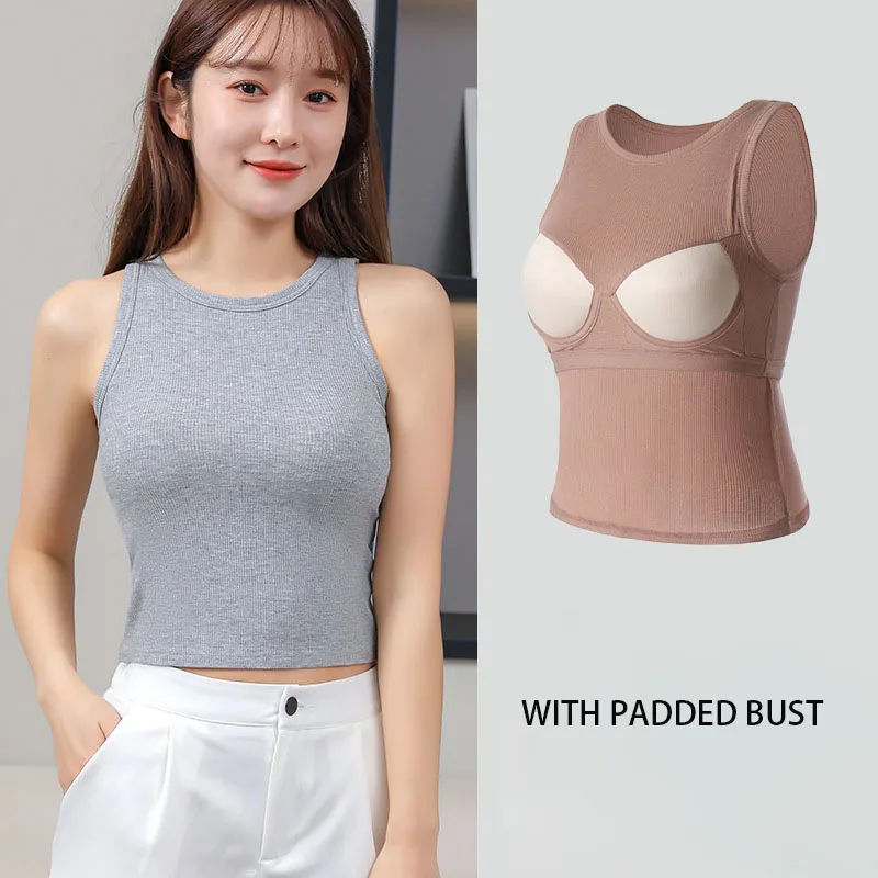 Ribbed Women's Camisole with Padded Bust Sleeveless Tank Solid Color Concealing Side Cleavage Undershirts Female Outwear C5813