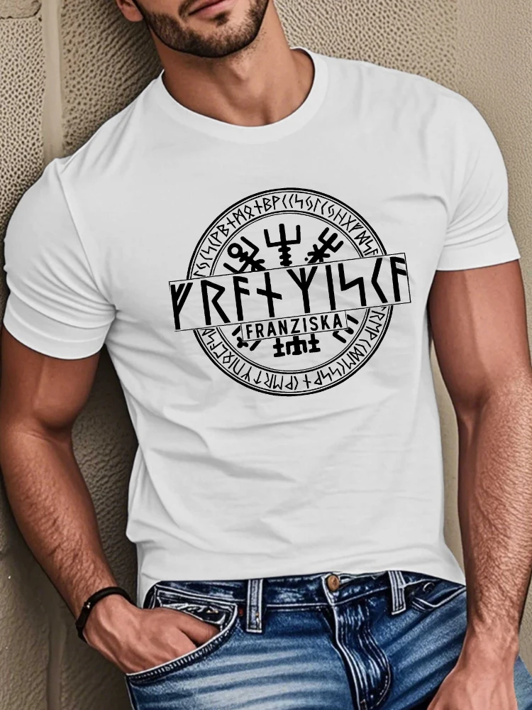 Nordic warriors Age Runic Inscriptions&Rune Symbols(Futhark Alphabet)design-100% cotton summer O-neck printed men's T-shirt.