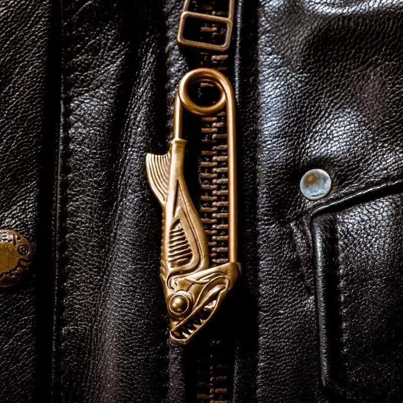 Retro Brass Piranha Head Pin Brooch Pendant Fish Shape Multi Purpose Key Chain Bag Hanging Unique Decoration