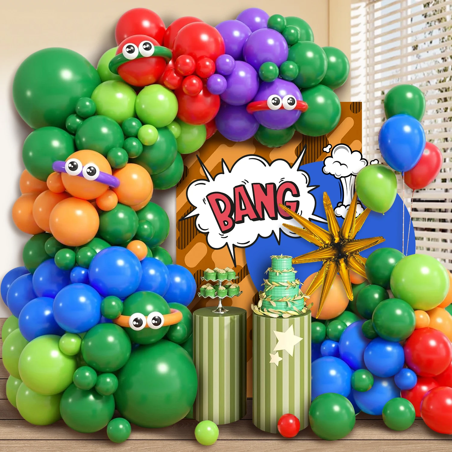 Juego de arco de globos de súper tortuga verde de 122 piezas, globo largo verde, rojo, naranja, morado y azul con globo ocular blanco adecuado para dibujos animados de tortuga verde, fiesta de cumpleaños, videojuego, decoración de despedida de soltero