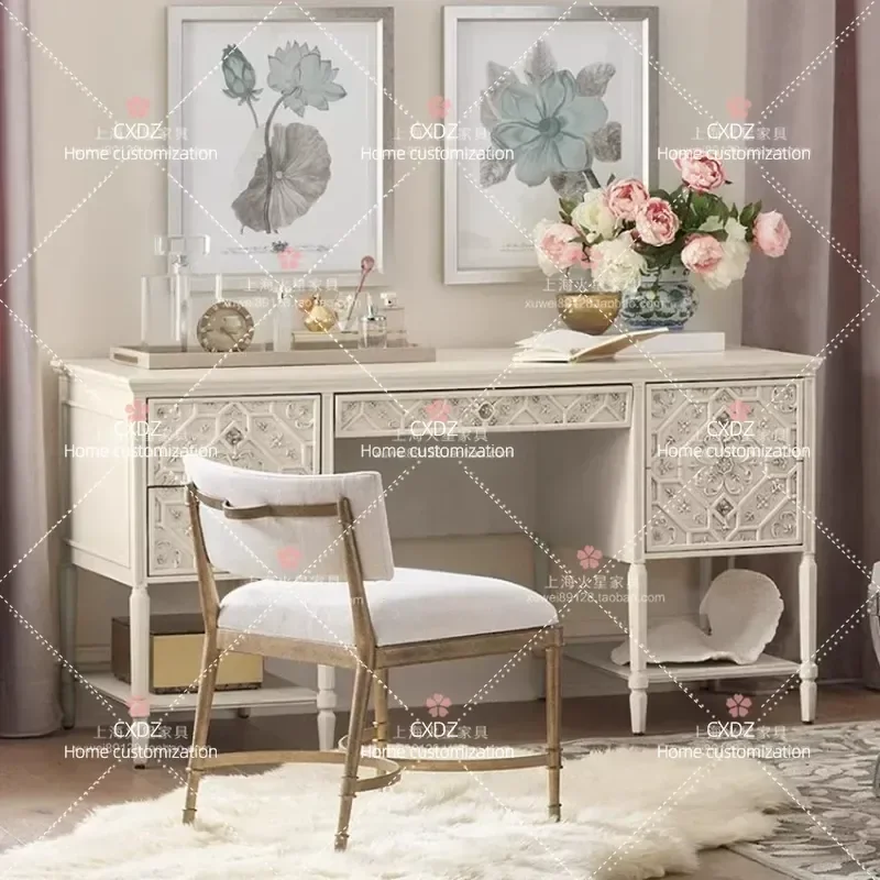 Retro Solid Wood Carved Desk for Small Apartment Simple Writing Computer Table Home Office Furniture