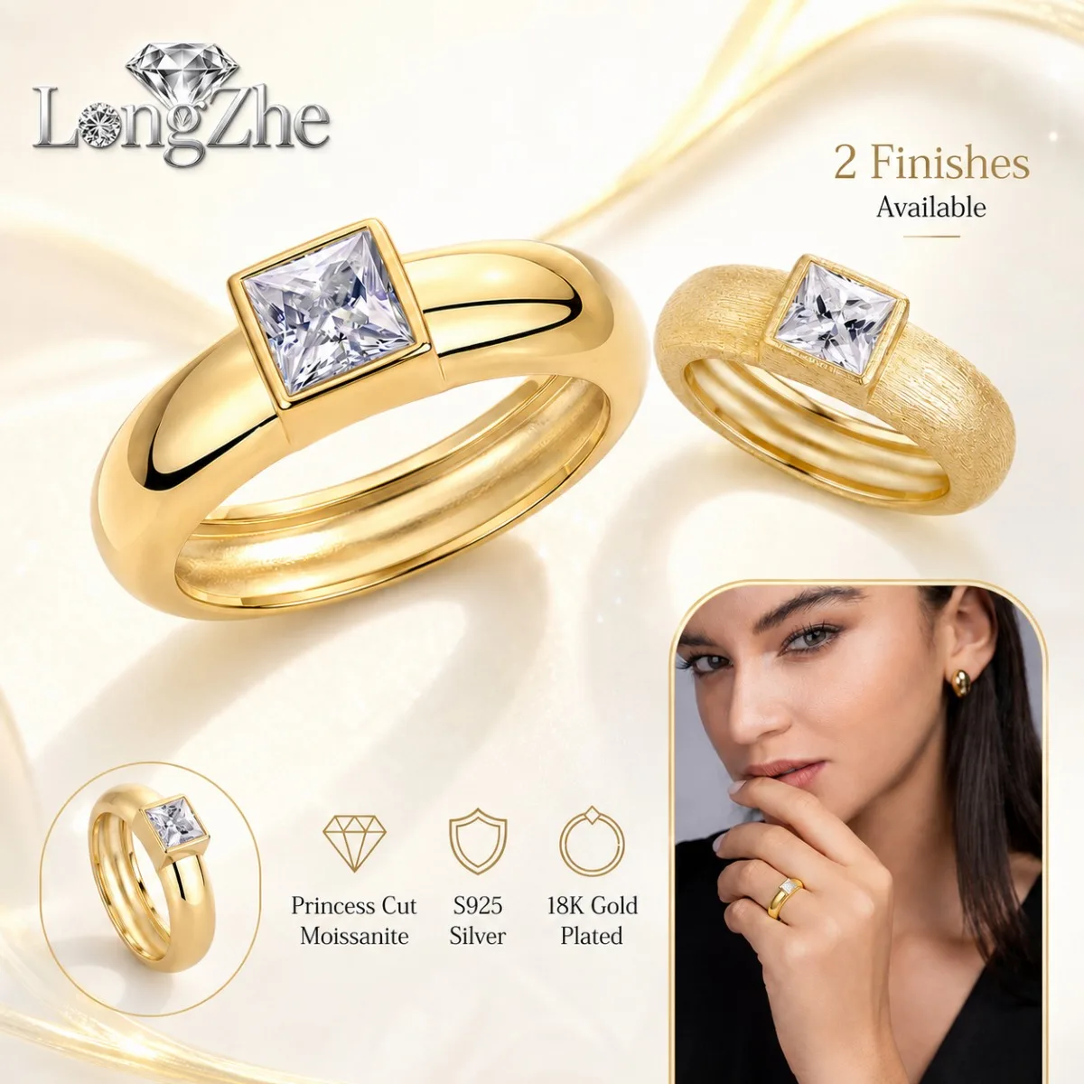 

1CT Princess Cut Moissanite Ring, 18K Gold Plated S925 Silver, Bezel Set Polished/Brushed Band for Men for Women