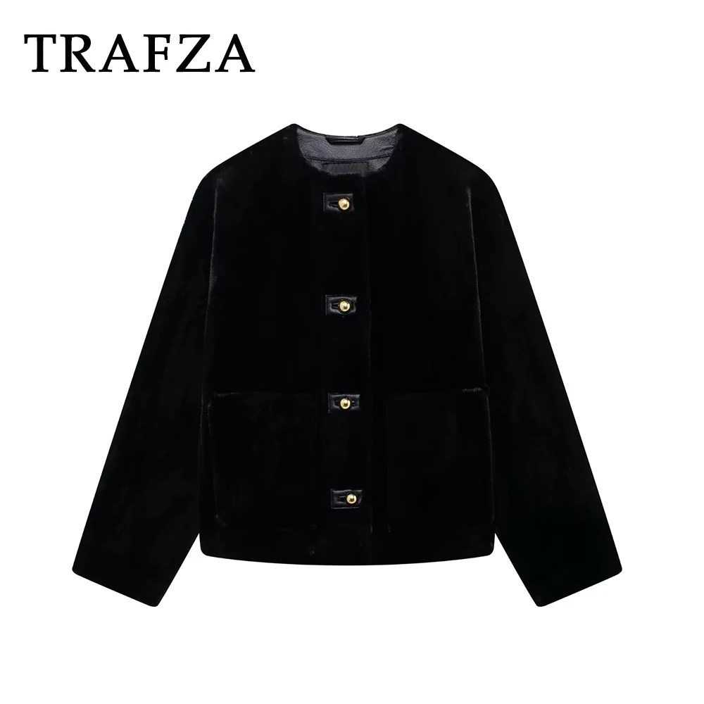 TRAFZA Fashion 2024 Winter Faux Fur Solid Black Vintage Furry Women Jacket Luxury Chic Elegant Party Single Breasted Outewear