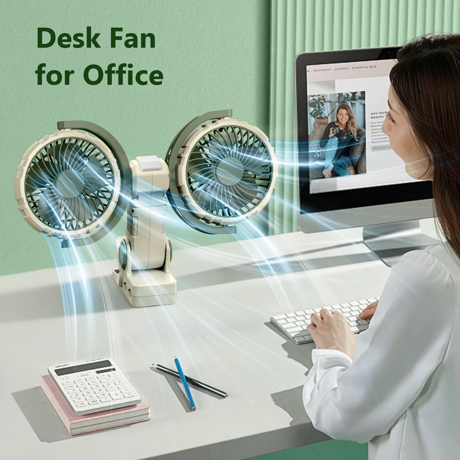 USB Rechargeable Indoor Car Clip Dual Head Fan 360° Rotatable 4000mAh 3-Speeds Two Light Modes Desktop Office Cooling Air Fan