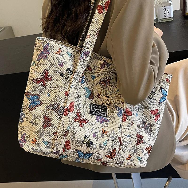 Premium Large Capacity Canvas Shoulder Bag Women Ins Dream Butterfly Tote Bag Fashion Commuter Bag For Student Class Daily