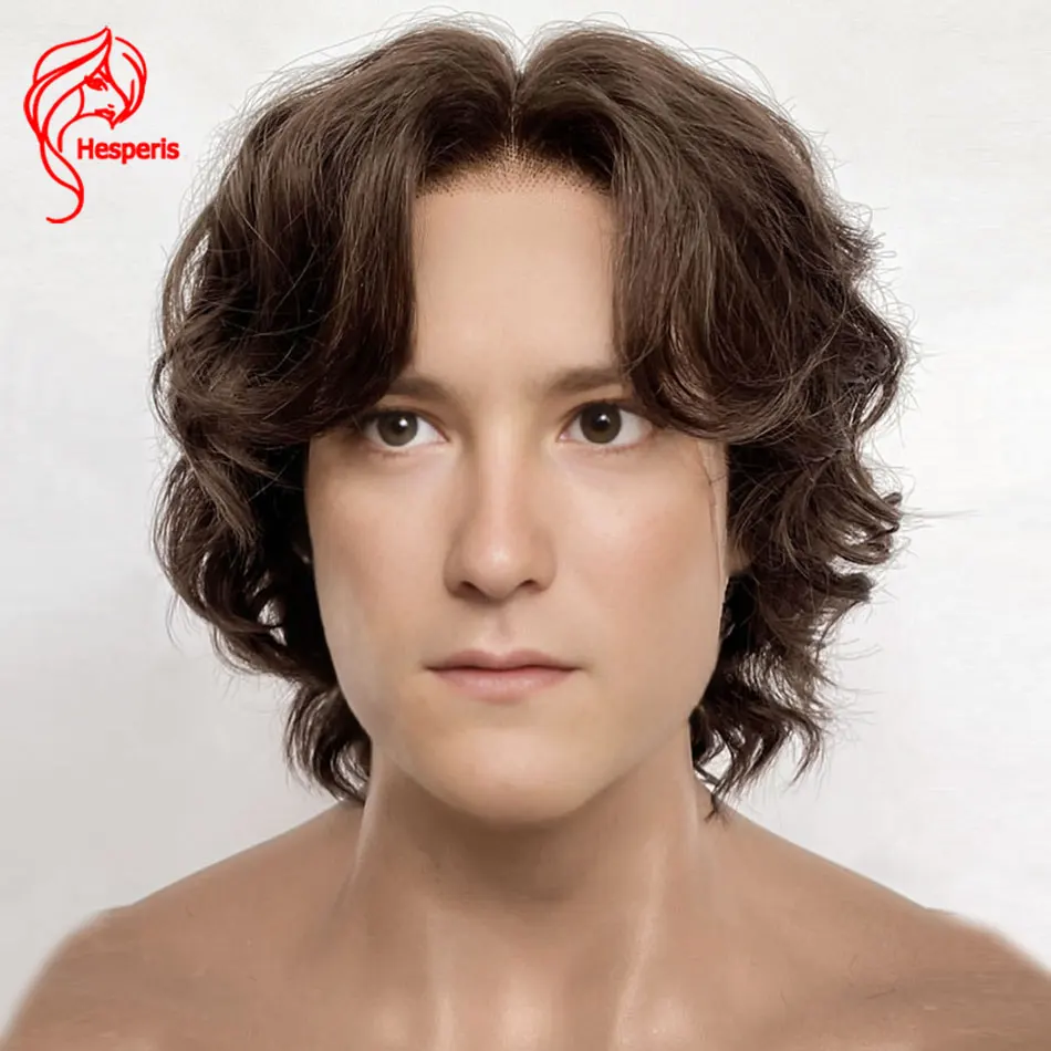 

Hesperis Мужской коричневый цвет Предварительный стиль Прозрачный парик фронта шнурка Мужской парик Настоящие человеческие волосы Короткие волнистые парики для мужчин Замена предварительно вырезанных