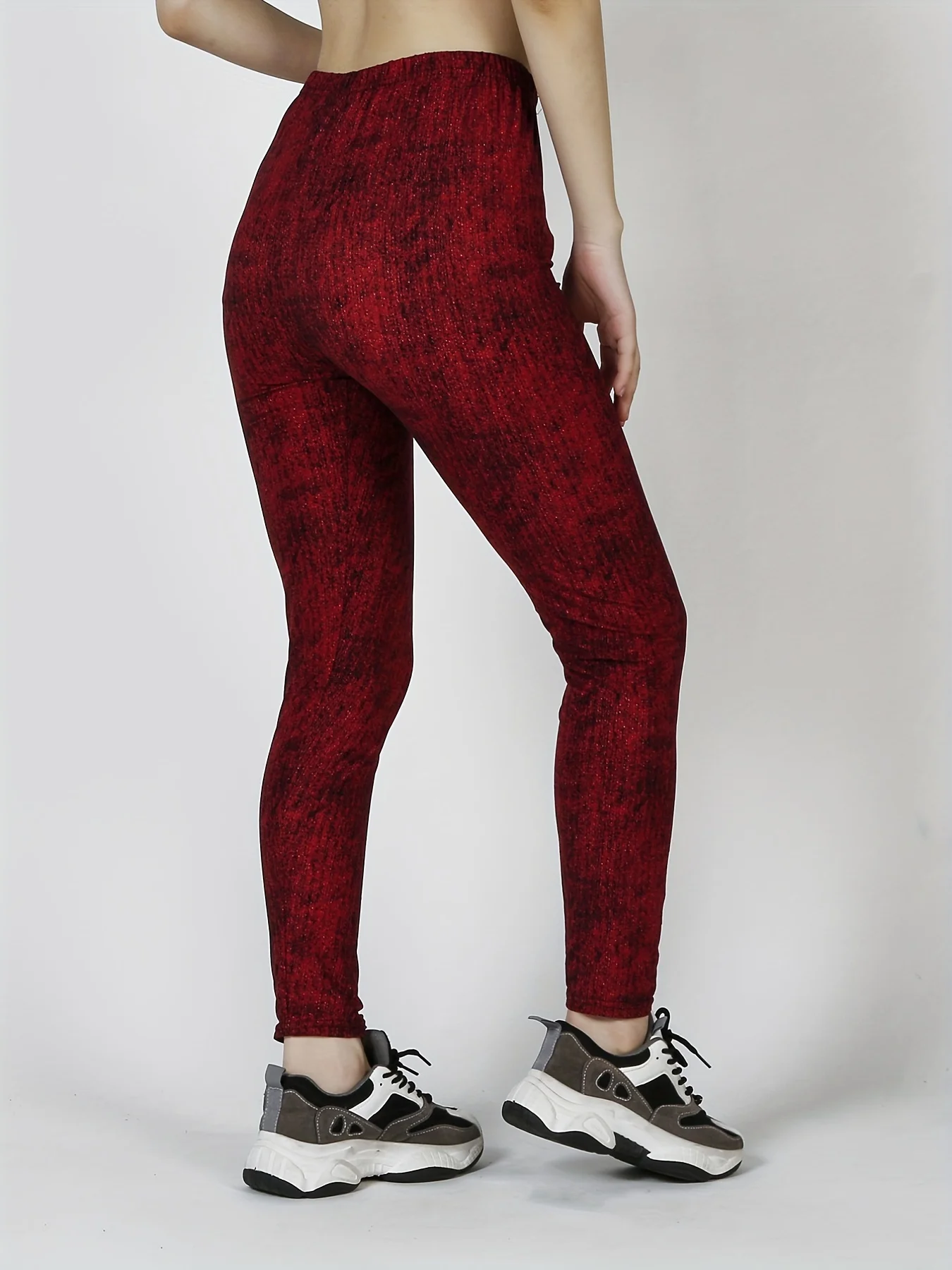 Women Fleece Lined Leggings Wine Red Tie‑Dye Dark Texture Print Stretch Warm Pants