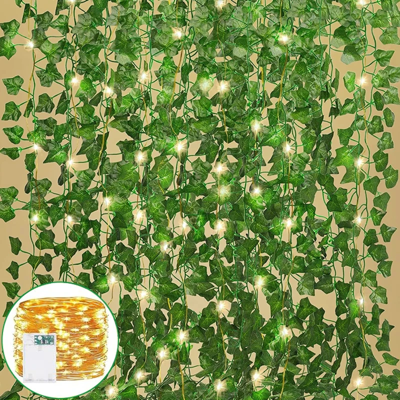 Green Leaf String Lights Artificial Ivy Vine Garland Wedding Party Decoration Christmas Home Wall Hanging Plant Wreath Leaves