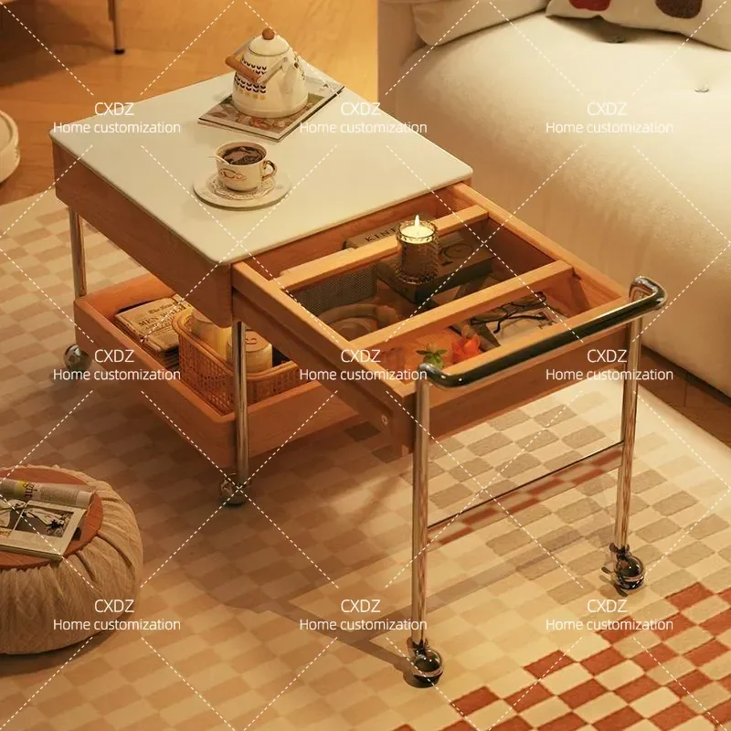 Movable Stainless Steel Coffee Table Medieval Solid Wood Retractable Edge Table Modern Simple Household Trolley Tea Table