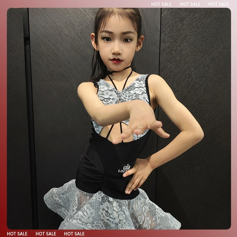 Costume de danse latine personnalisé, robe d'entraînement pour filles, robe de Performance de compétition professionnelle, jupe moelleuse imprimée grise