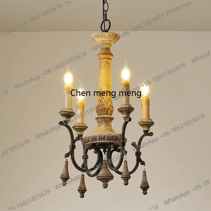 French retro chandelier bedroom dining room, American style, solid wood carving bed and breakfast candle lamp