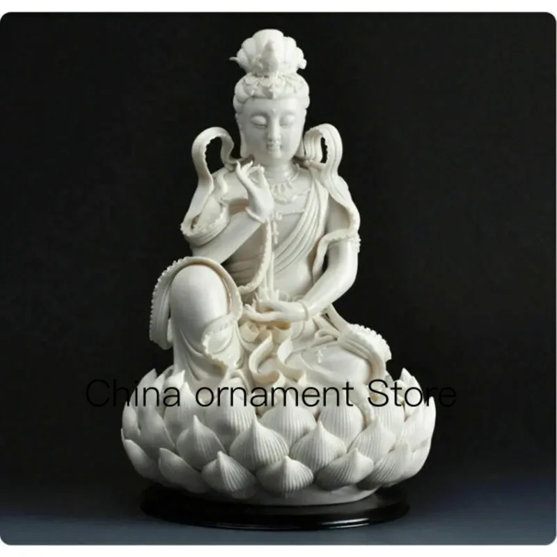 

11.5" Chinese Dehua White Porcelain Lianhua Kwan-yin Guanyin Buddha Statue