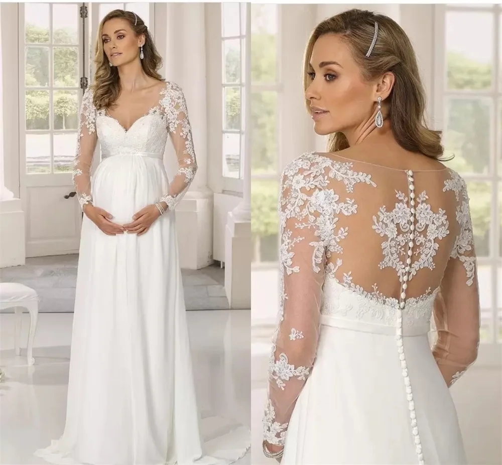 2023 Maternity Wedding Gowns For Pregnant Women Chiffon A-Line Beach Boho Bridal Dresses Illusion Long Sleeve Lace Appliquesed