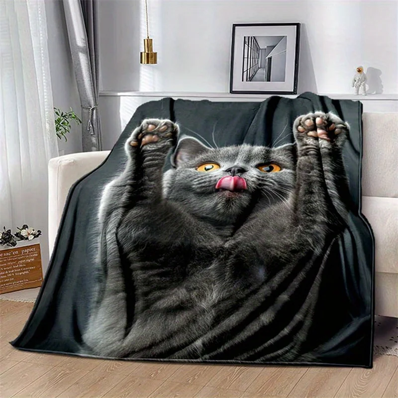 Cute British Shorthair Cat Flannel Throw Blanket Funny Gray Cat Sticking Tongue Out Print Soft Lightweight Blanket Sofa Bed