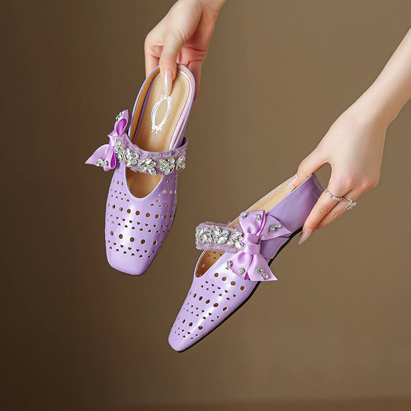 

Genuine Leather Shoes Women Mules for Square Toe Hollow out Low Heel Slippers Cover Toe Slingback rhinestone Womes Sandals