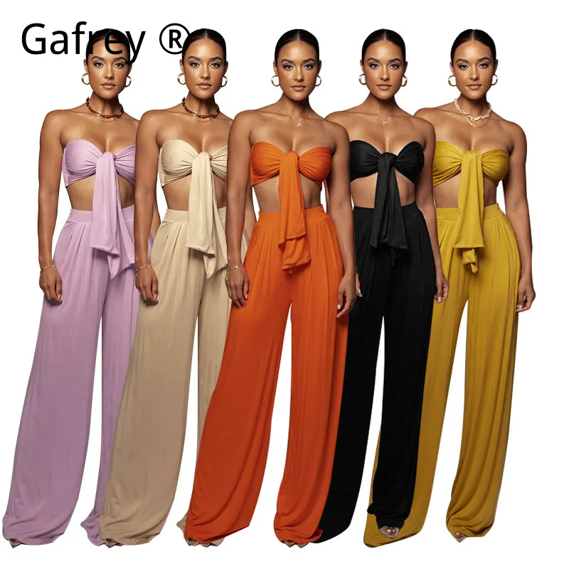 Women Sexy Solid Tie Front Bandeau Top Mid Rise Wide Leg Pants Set Fashion Casual Two Piece Summer Outfit