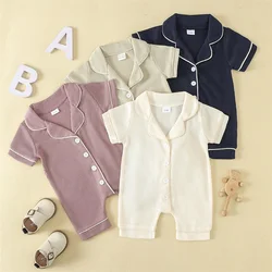 Lioraitiin Infant Girls Boys Romper Pajama Lapel Neck Short Sleeve Contrast Trim Button Down Waffle Jumpsuit Sleepwear Clothes