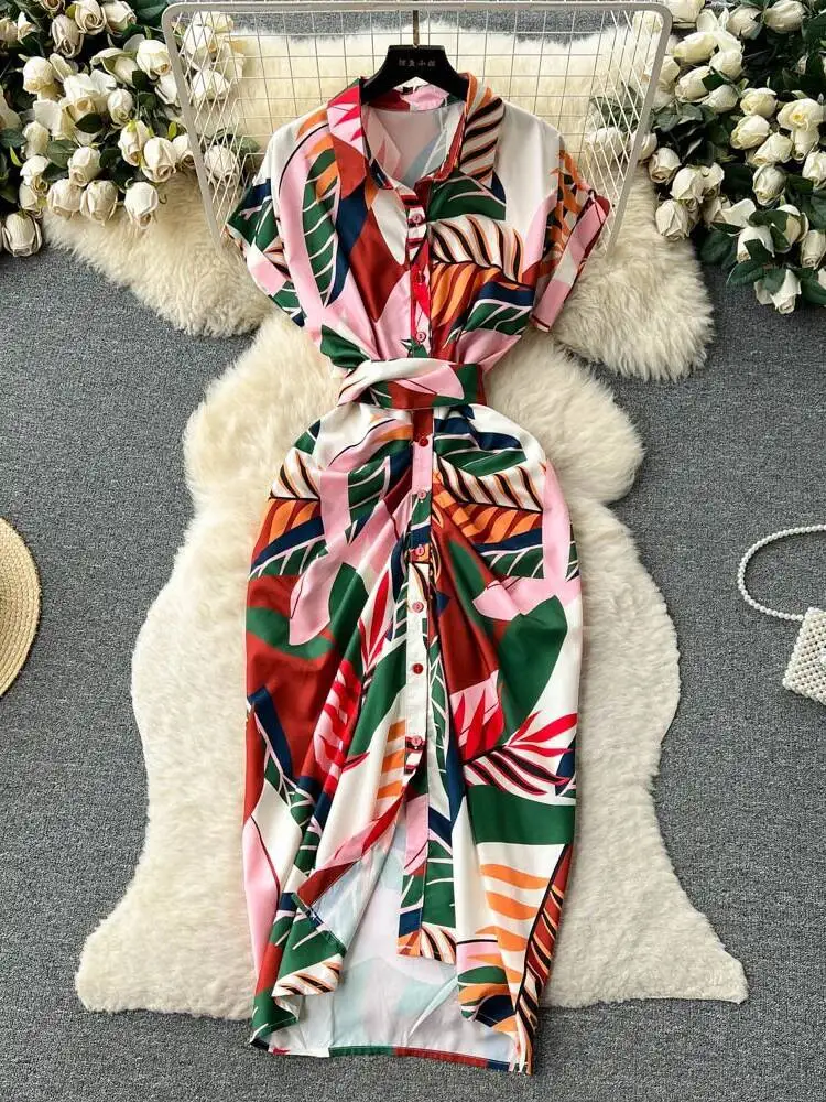 Abito estivo stampato retrò Abito da donna con risvolto monopetto floreale Abiti da donna a pieghe a vita alta Elegante abito lungo da ufficio