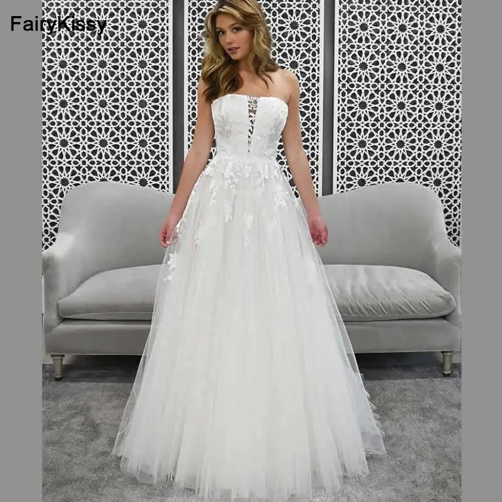 

FairyKissy Simple Wedding Dress Sexy Deep V-Neck Strapless A-Line Lace Appliques Plus Size Bridal Gowns 2025 Vestidos De Novia
