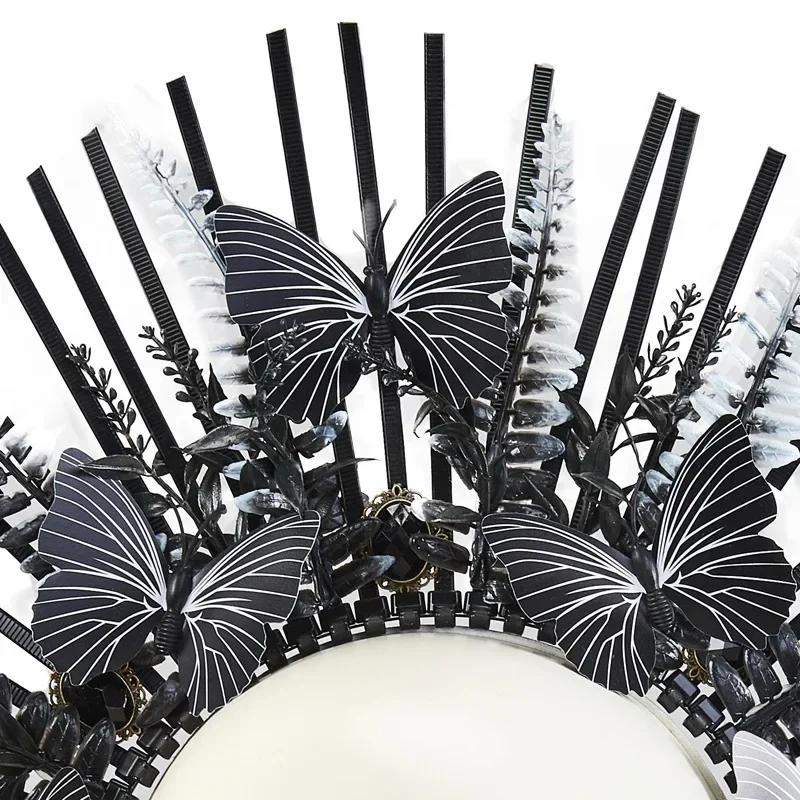 สีดํา Spiked Halo เครื่องประดับผม Gothic Lolita Leaf ผีเสื้อมงกุฎฮาโลวีน Party ไซเรนอุปกรณ์เสริมผม