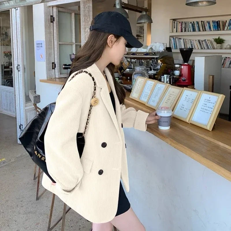 Corduroy Blazers Women Solid Color Long Sleeve Double-breasted Notched Loose Office Lady Suits Versatile Daily Short Coat Female