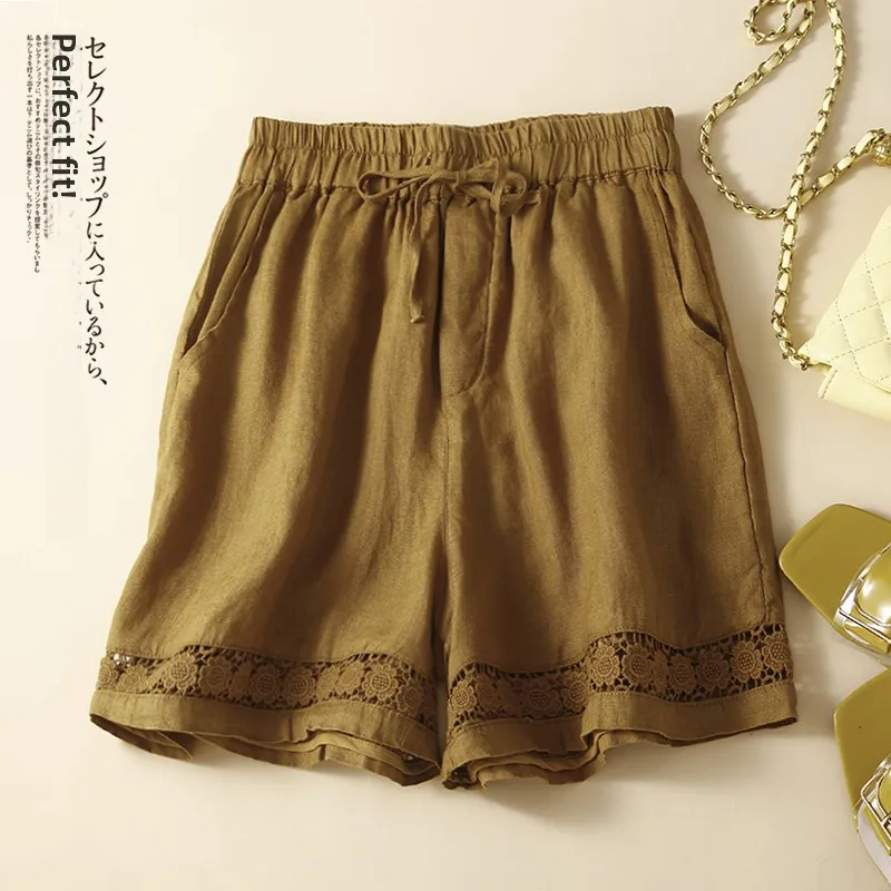 Letnie, cienkie, lniano-bawełniane spodnie damskie w stylu vintage z ażurową koronką, elastyczną talią, luźne, z szerokimi nogawkami, uniwersalne, z wysokim stanem.