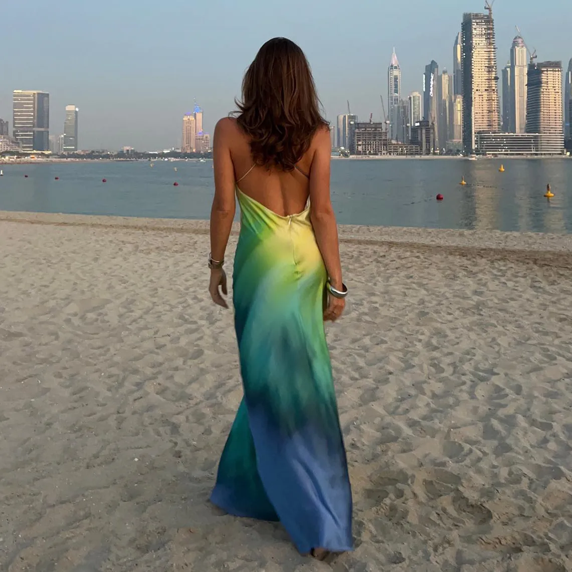 Fashion Women Summer Backless Dye Tie Elegant Party Dresses Holiday Outfits Sexy Satin Print Maxi Bodycon Beach Dress