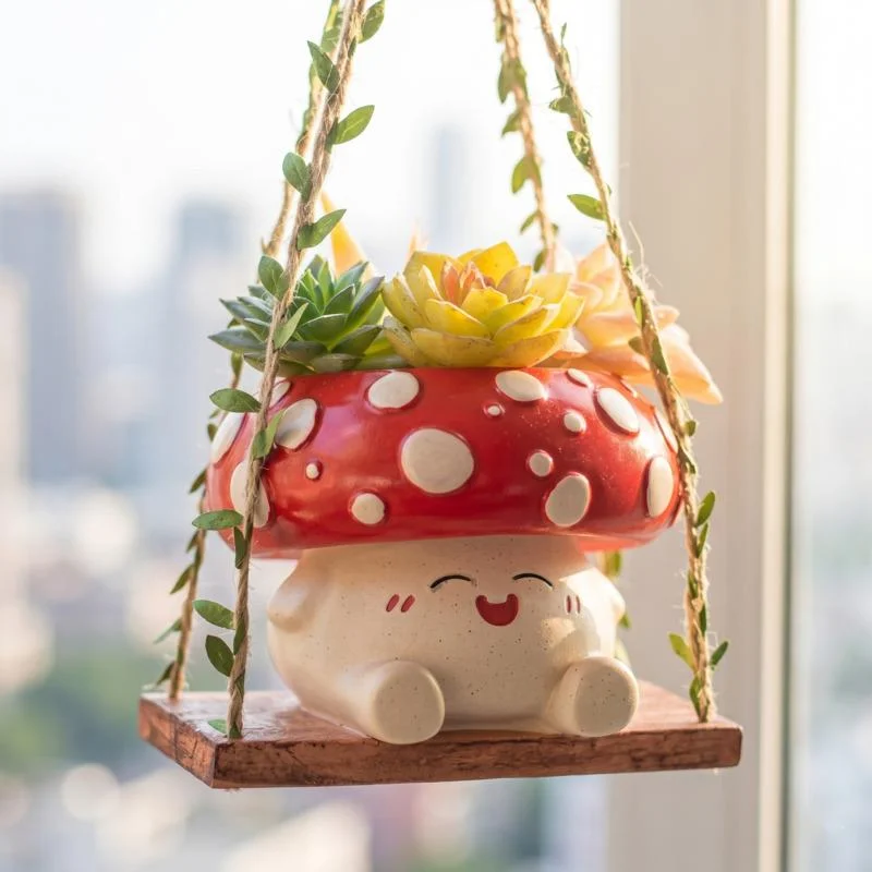 Mushroom Hanging Planter Cute Cartoon Smiling Doll Swing Pot For Outdoor Balcony For Kids Women Gift For Halloween Christmas