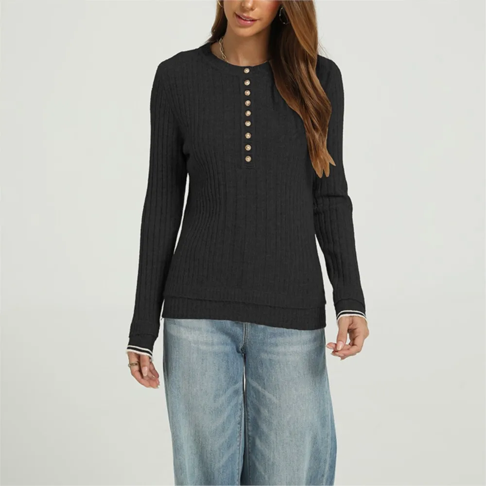 2026 Knitted Pullover All-match Loose Simple Style Sweater Winter Clothe Woman Pulls Femmes Bottoming Shirt Buttons Long Sleeves