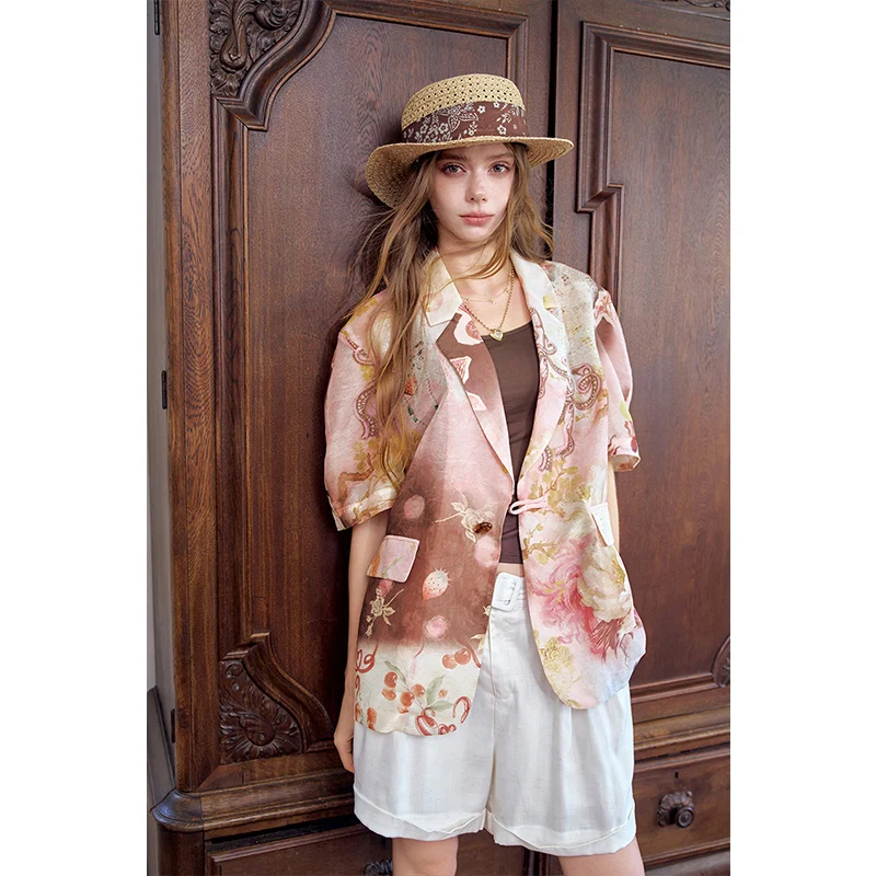 ELFSACK Women's Vintage Blazer with Floral Print, Short Sleeve Notched Lapel Jacket, Elegant Casual Outerwear for Daily