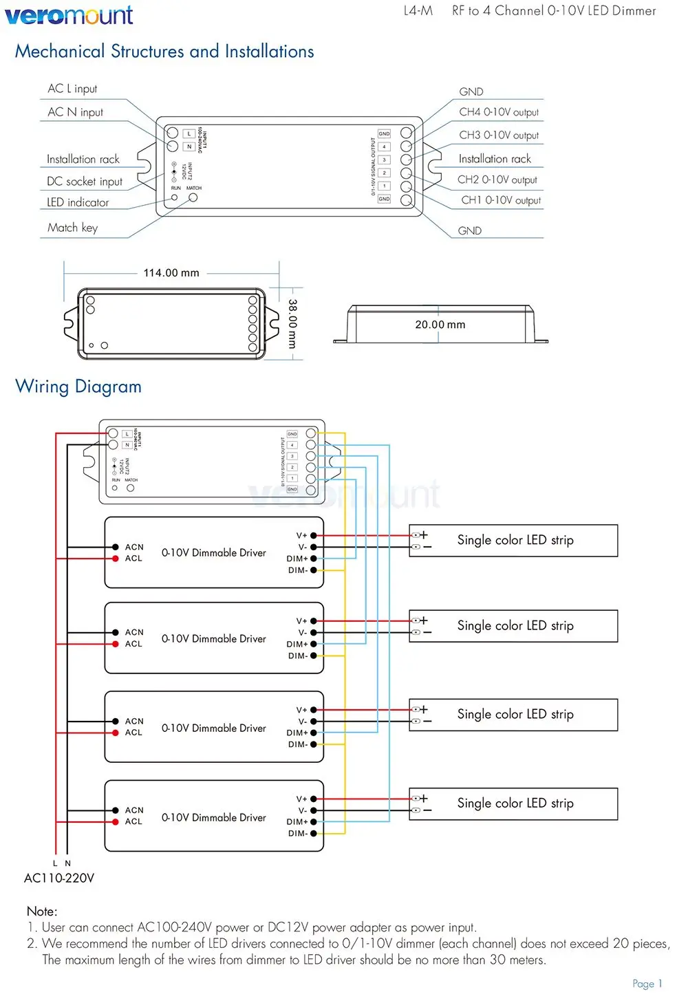 Skydance L4-M 0-10V LED Dimmer 2.4G RF Wireless Touch Remote Control 4 Channel Signal Output Dimer for Single Color LED Strips