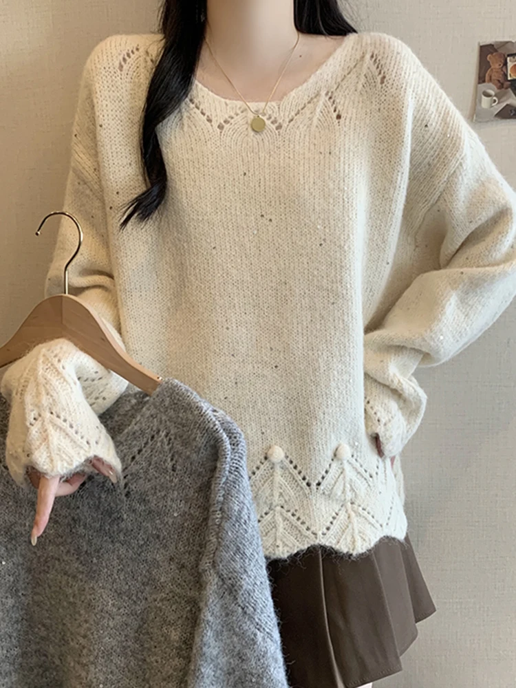 

Женский вязаный свитер оверсайз с V-образным вырезом, ажурный, длинный рукав, зимний, облегающий, свободный крой, повседневный, модный топ