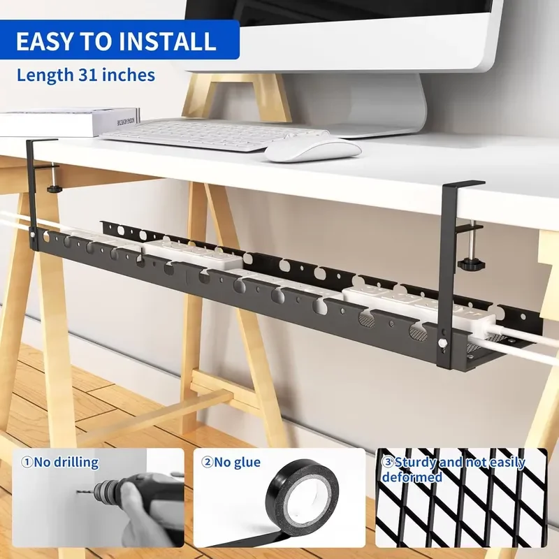Furniture Extendable Adjustable Under Desk Cable Management Tray Metal Wire Organizer with Clamp Power Strip Cord Holder