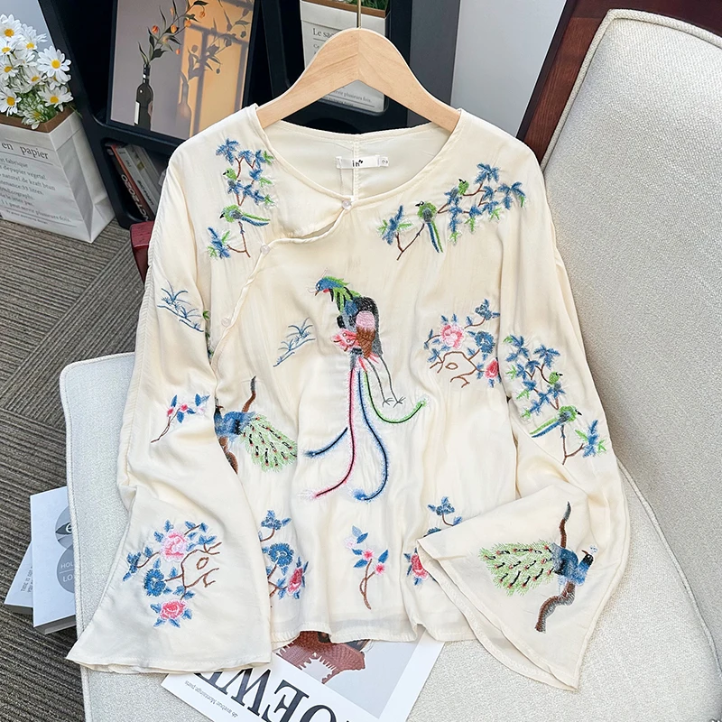 Vintage New Chinese Style Women's Clothing Phoenix Embroidered Blouse Summer Loose Cool Round Neck Fairy Long Sleeve Tops