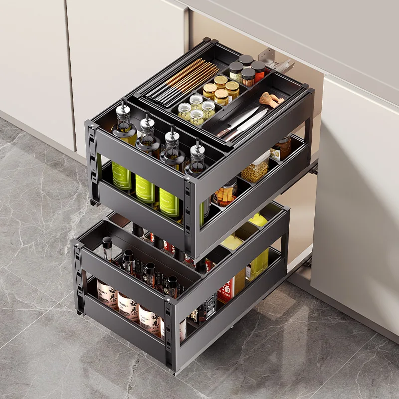 Kitchen narrow cabinet small size cabinet pull basket seasoning basket aluminum alloy rack layered storage basket damping rail
