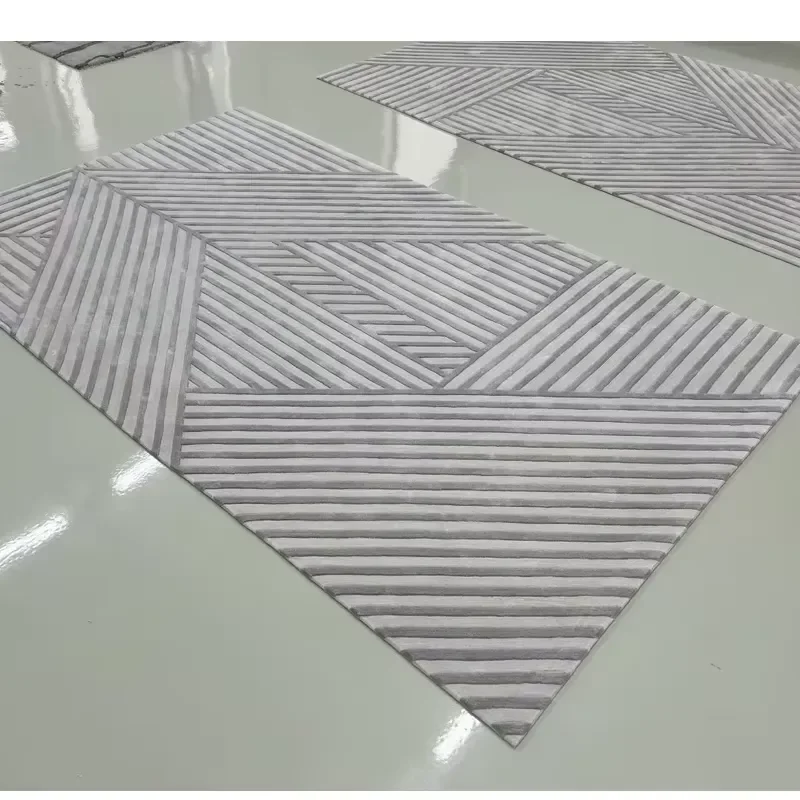 Hand Tufted Bamboo Silk Modern Rug Abstract Lines Pattern Non-Slip Living Room Carpet Bedroom Rug