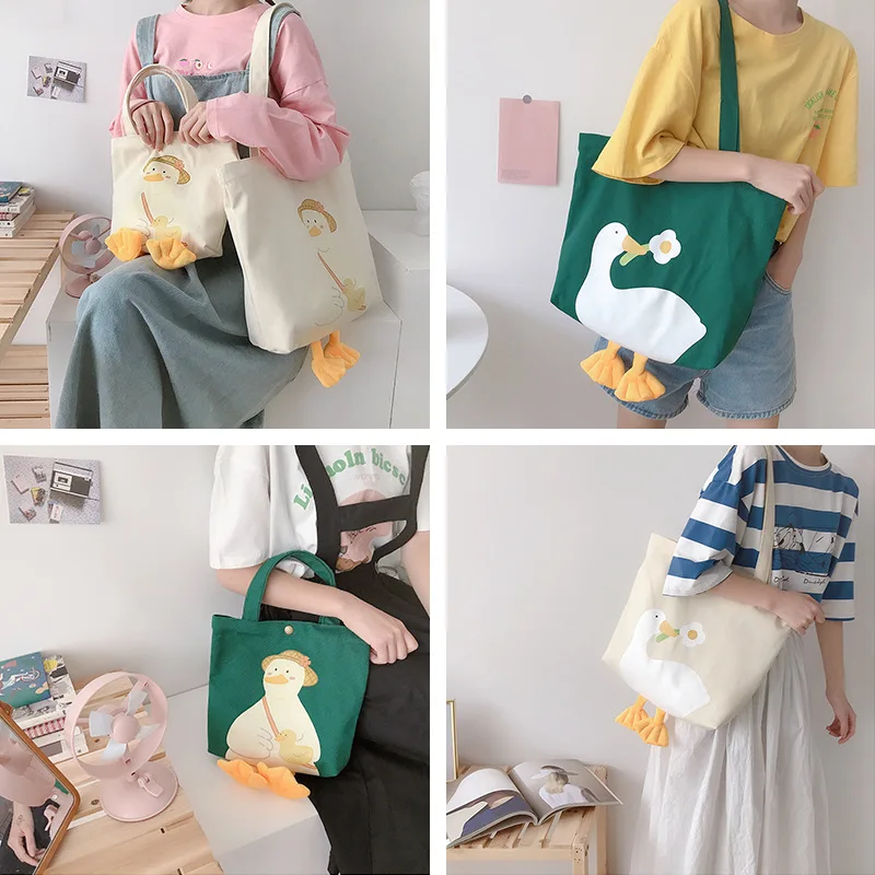 New Large Women Shoulder Shopper Bag Cute Duck Cartoon Print Casual Kawaii Canvas Tote Shopping Bag Cotton Cloth Eco Handbags