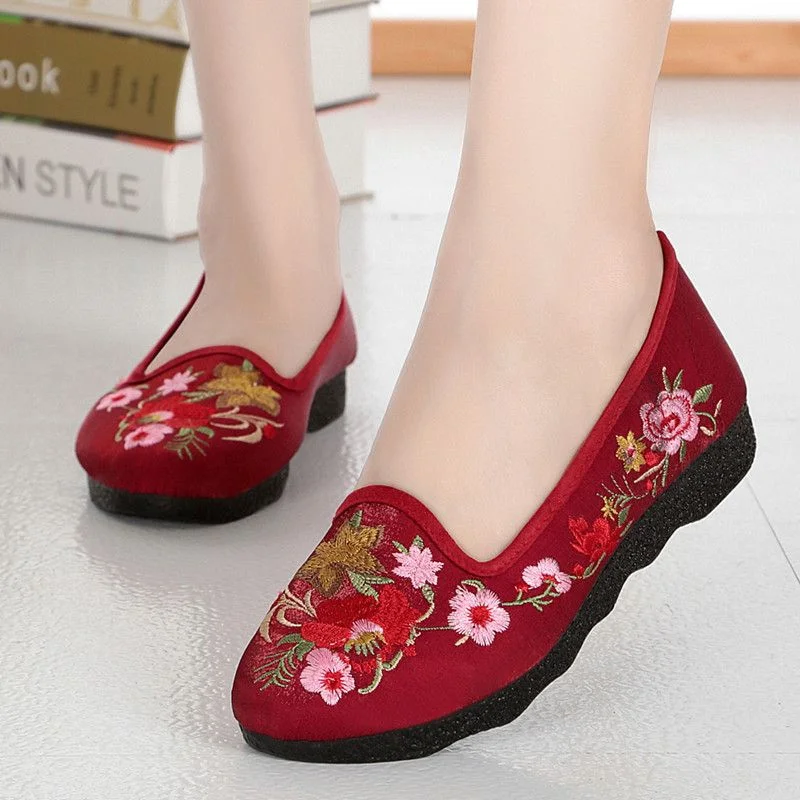 cresfimix zapatos de mujer women fashion plus size wine red floral embroidery flat shoes lady traditional dance loafers ab375