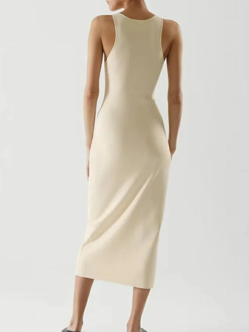 Vestidos ceñidos al cuerpo de verano N578, vestido largo ajustado de punto para mujer, vestido minimalista elegante de oficina sin mangas con cuello redondo, vestido informal sin mangas