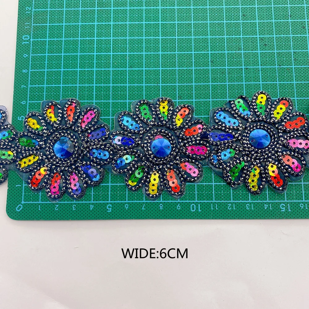 4meters Colorful Sew on  Rhinestone lace trim Lace fabric For Bridal Wedding  wide:6cm