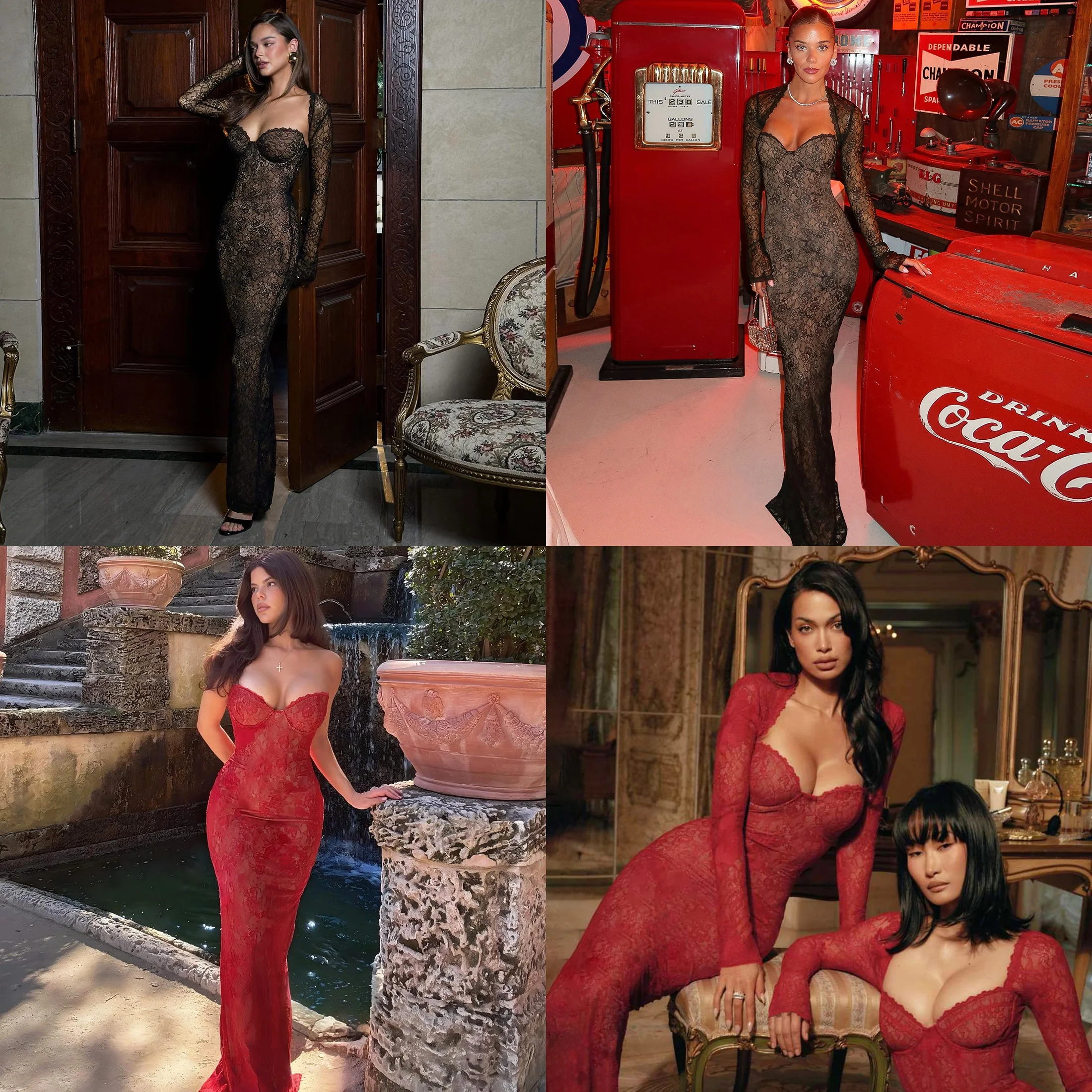 Women Sexy V-Neck Lace See-Through Evening Dress Long Sleeve Cardigan Set Slim Fit