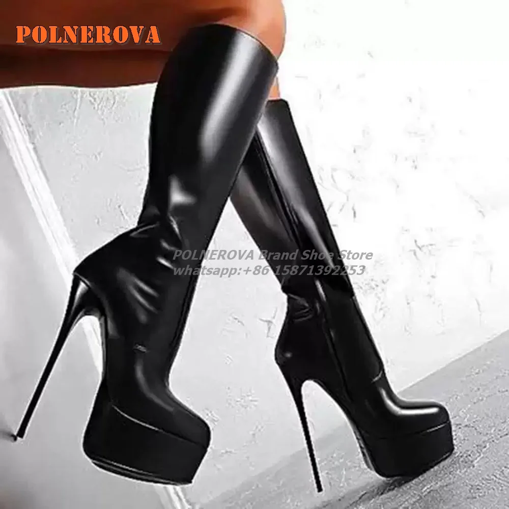 Platform Stiletto Heels Mid Calf Boots Round Toe Side Zipper Mixed Colors Splicing Knee High Boot Sexy Spicy Girl Runway Show