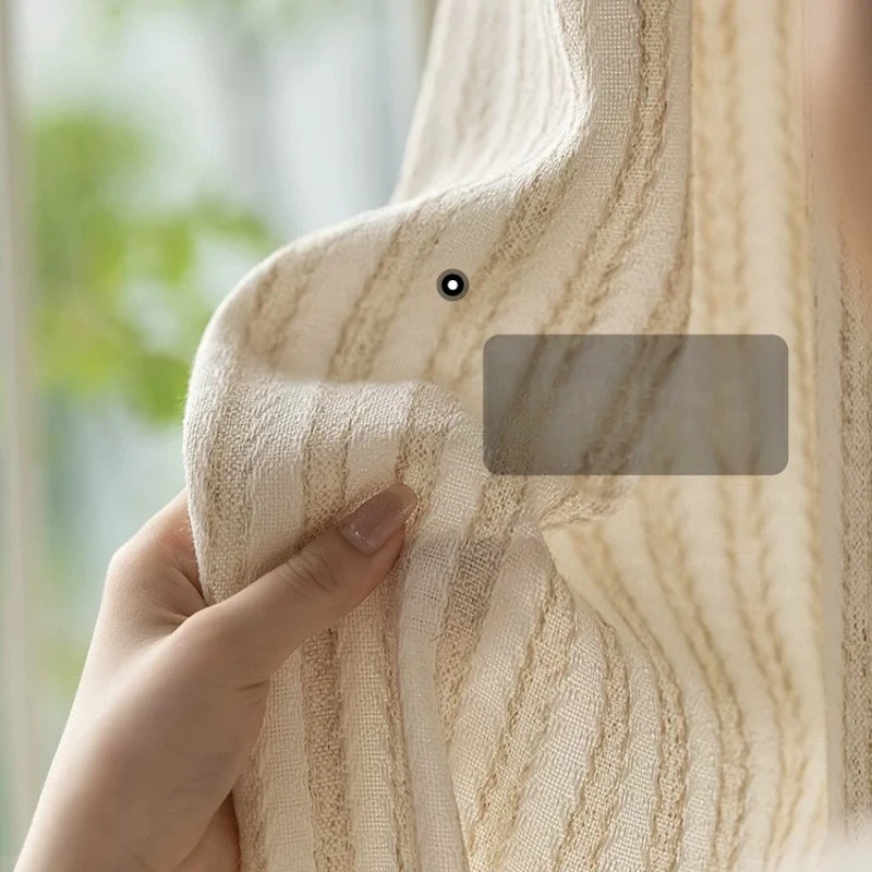 Vertical Striped Linen New Pastoral Style Rice Ear Woven Window Tulle Semi-Blackout Curtains for Living Dining Room Bedroom