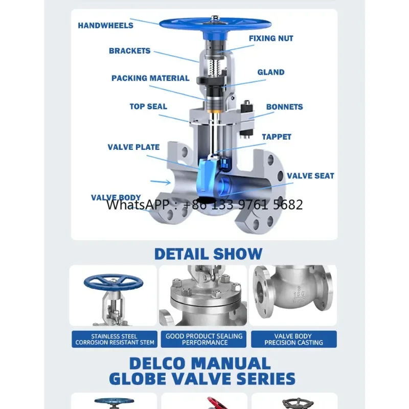 DELCO DN80 CF8 マニュアルステンレス鋼フランジ水蒸気オイルグローブバルブ（ハンドホイール付き）