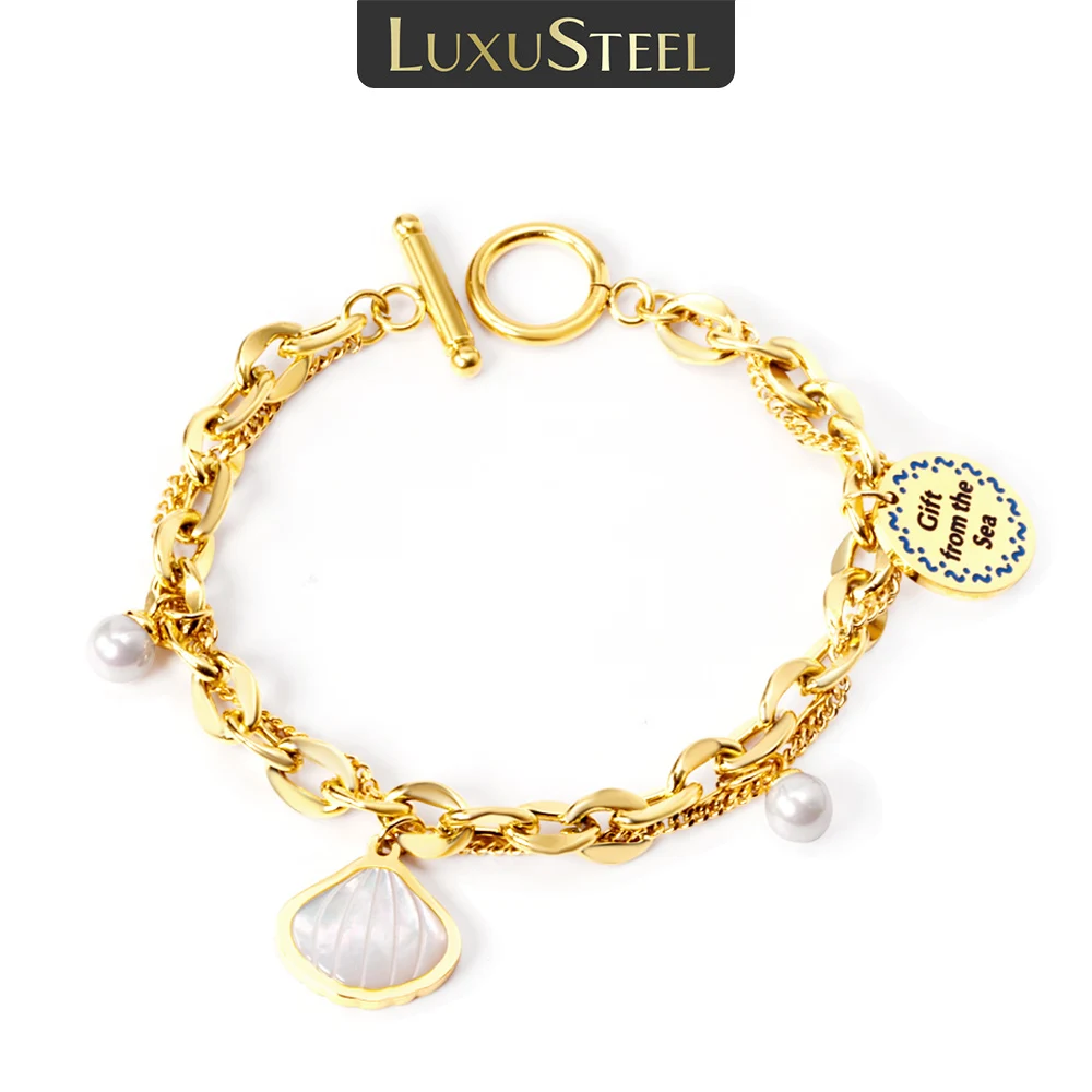 LUXUSTEEL OT Pulsera de mujer de doble cadena con concha de perla de imitación Acero inoxidable chapado en oro de 18 quilates Brazaletes que no se decoloran para pareja