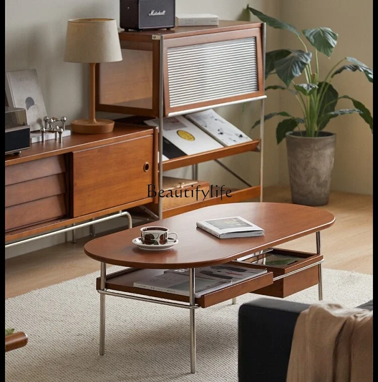 

01 yj19 Nordic Retro Solid Wood Coffee Table Japanese Simple Stainless Steel Oval Tea Table