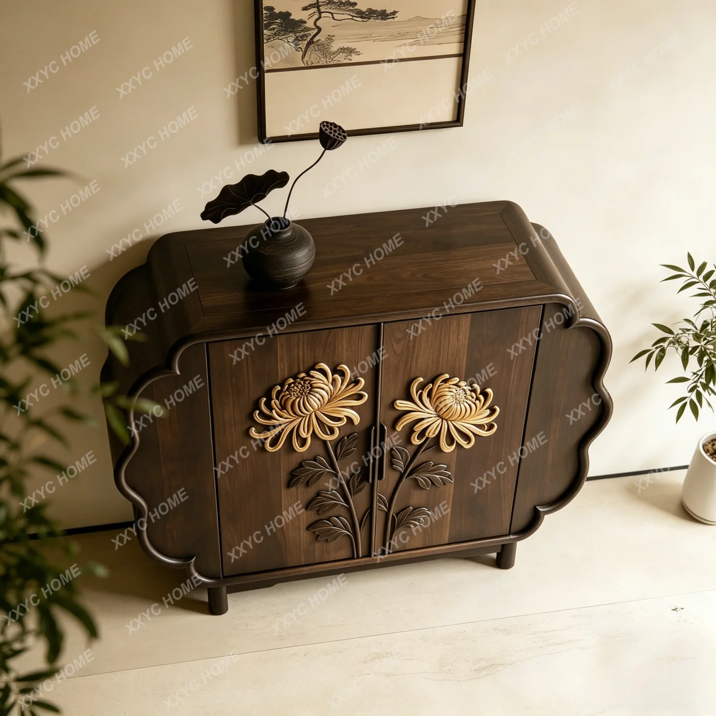 Solid wood dining side cabinet swing door free installation side cabinet living room carved locker